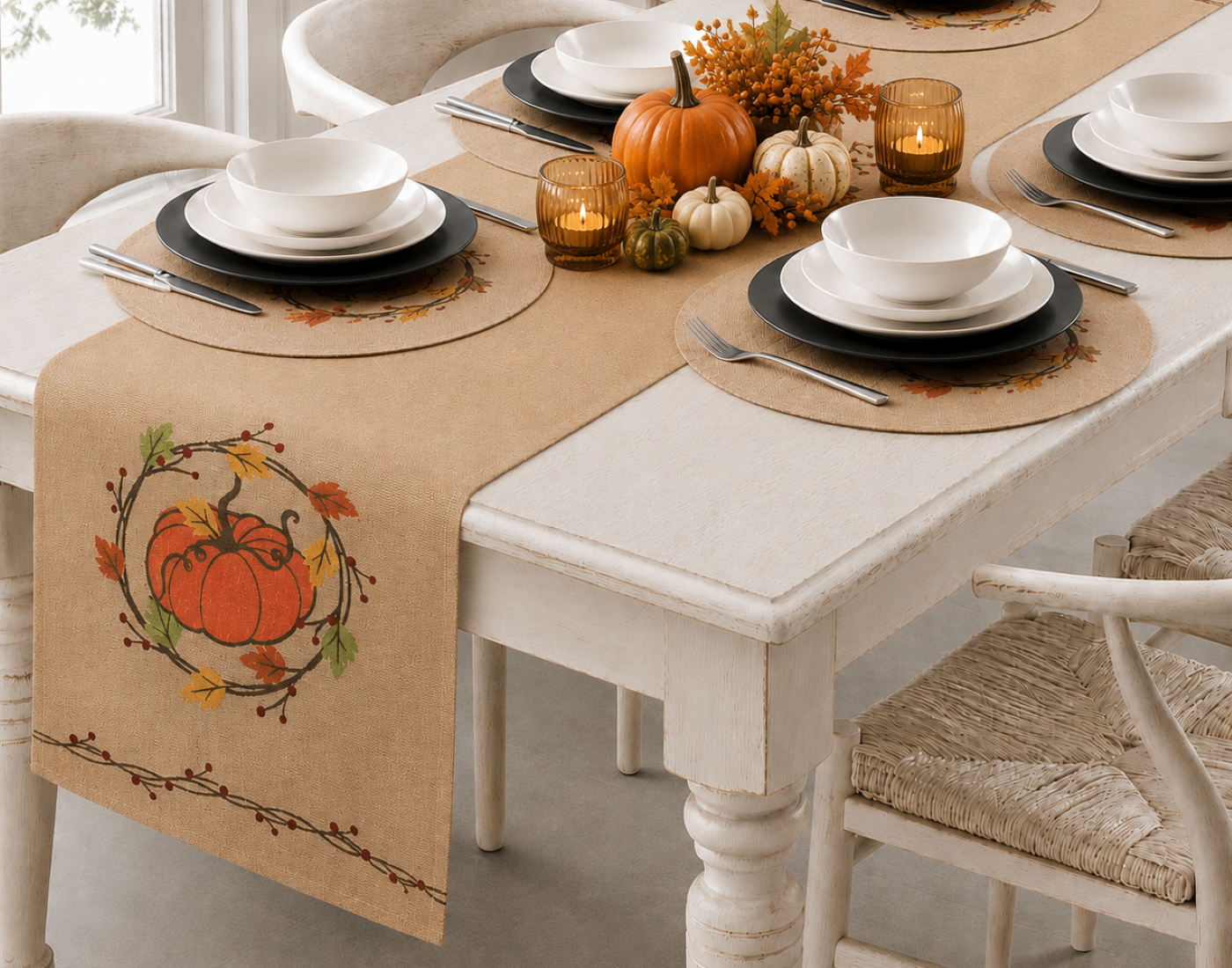 ML16351 Rustic Pumpkin Wreath Embroidered Polyester Table Runner 13x36