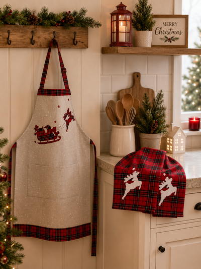 XD19881 Tartan Santa Sleigh Christmas Tea Towels Set of 2 14x22 Linen Blend