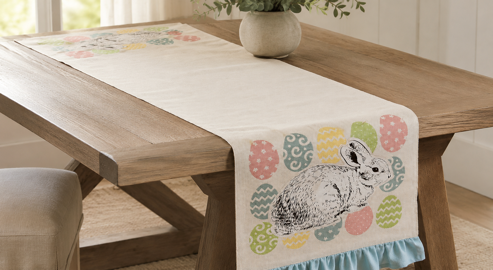XD15151 Bunny Eggs Printed Appliqué Jute Table Runner 13x36