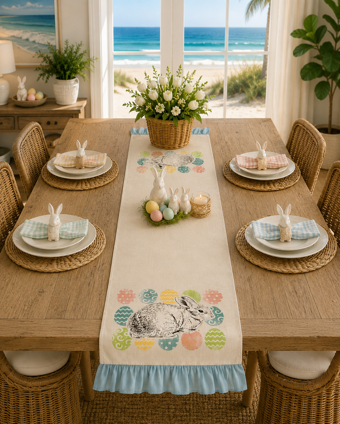 XD15151 Bunny Eggs Printed Appliqué Jute Table Runner 13x36