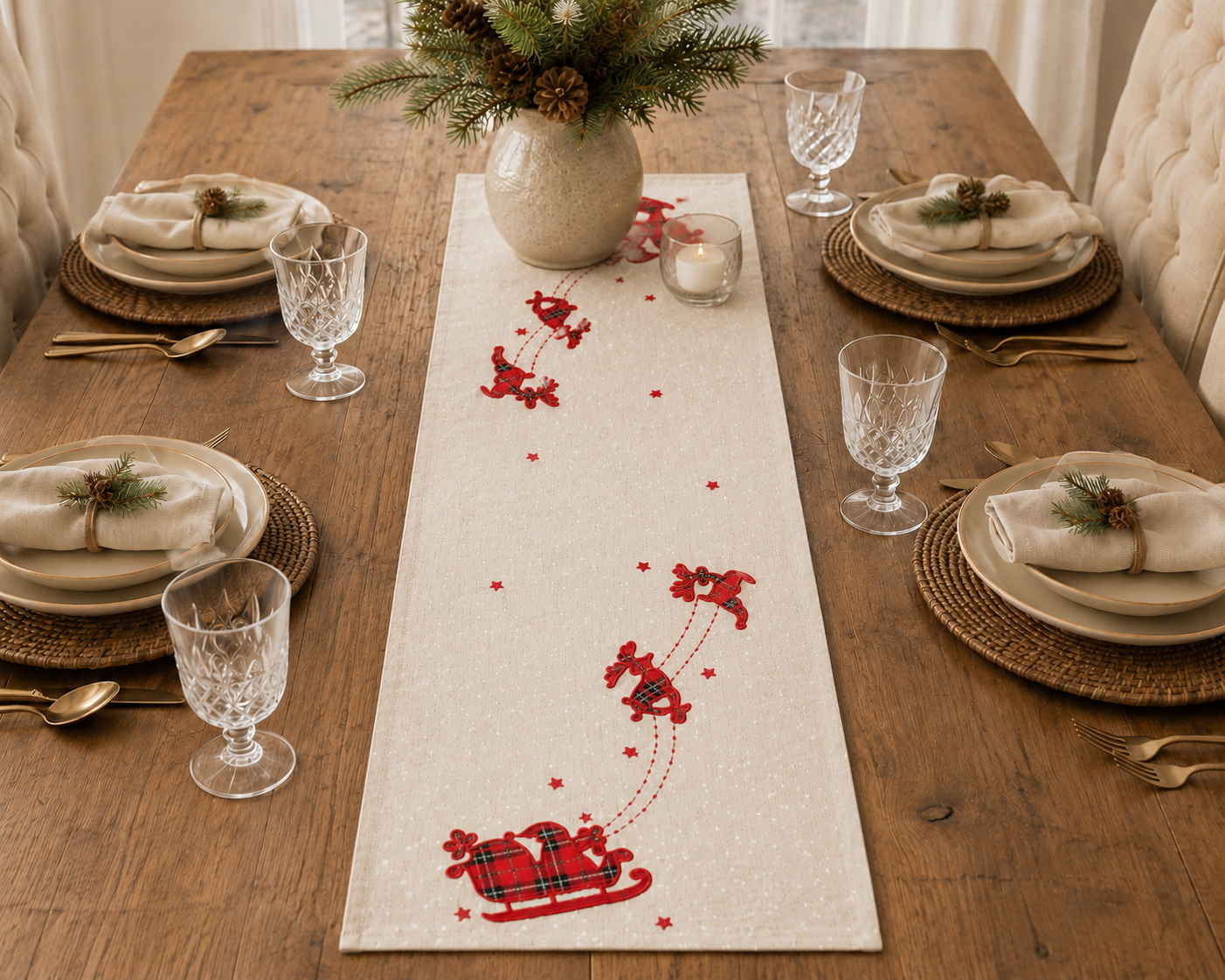 XD19881 Tartan Santa Sleigh Christmas Table Runner 16x36 Linen Blend