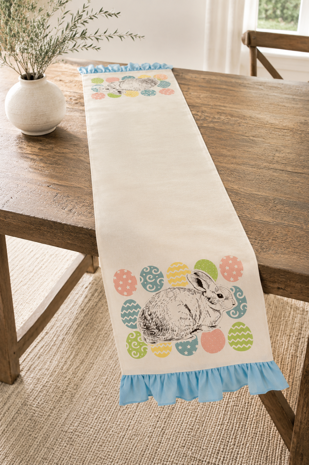 XD15151 Bunny Eggs Printed Appliqué Jute Table Runner 13x36