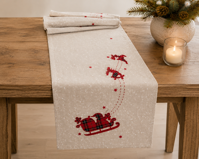 XD19881 Tartan Santa Sleigh Christmas Table Runner 16x36 Linen Blend