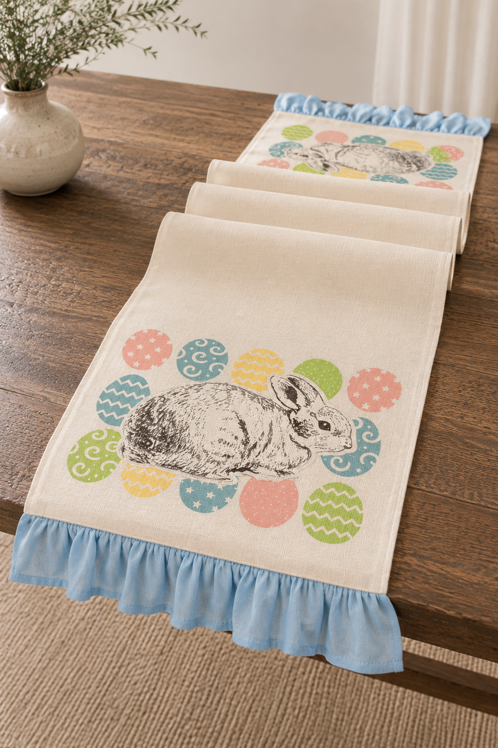XD15151 Bunny Eggs Printed Appliqué Jute Table Runner 13x36