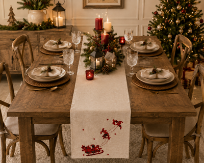 XD19881 Tartan Santa Sleigh Christmas Table Runner 16x36 Linen Blend
