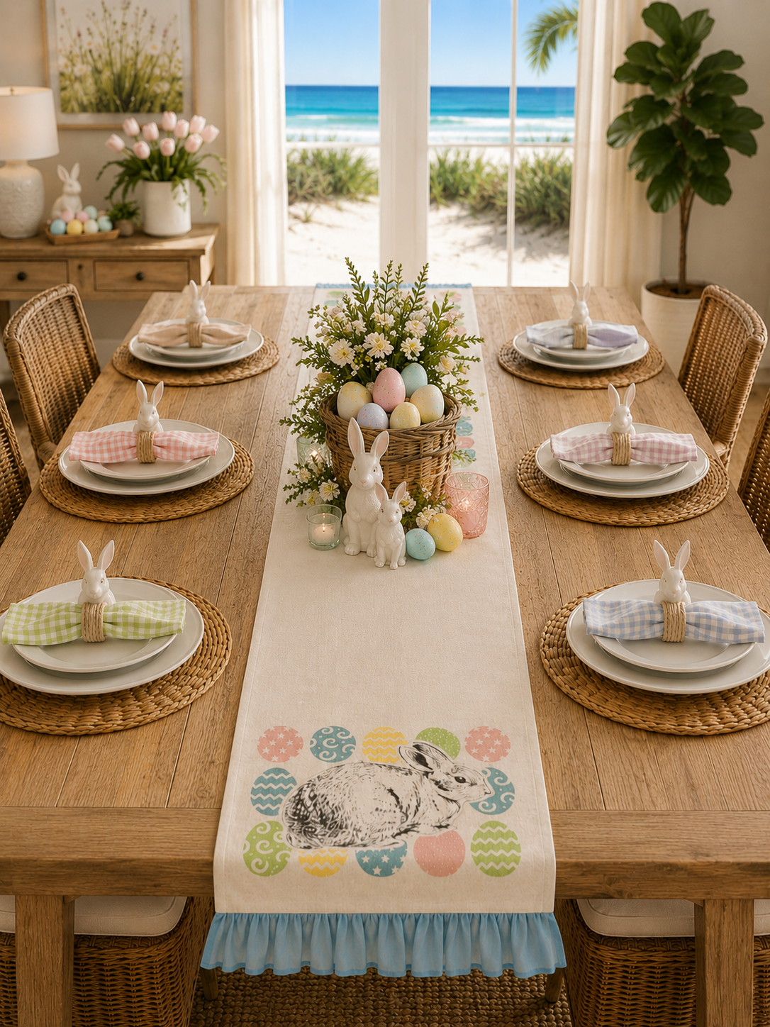 XD15151 Bunny Eggs Printed Appliqué Jute Table Runner 13x36