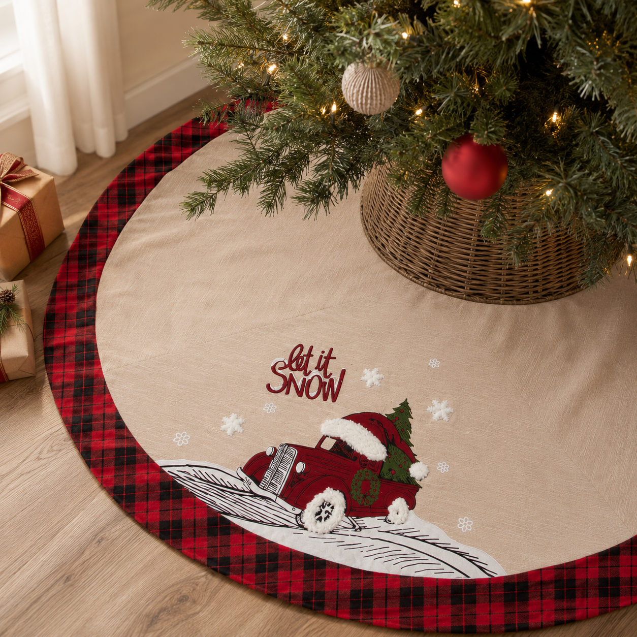 ML21005 Let It Snow Christmas Car Tree Skirt 48 Inch Polyester Embroidered Tufted