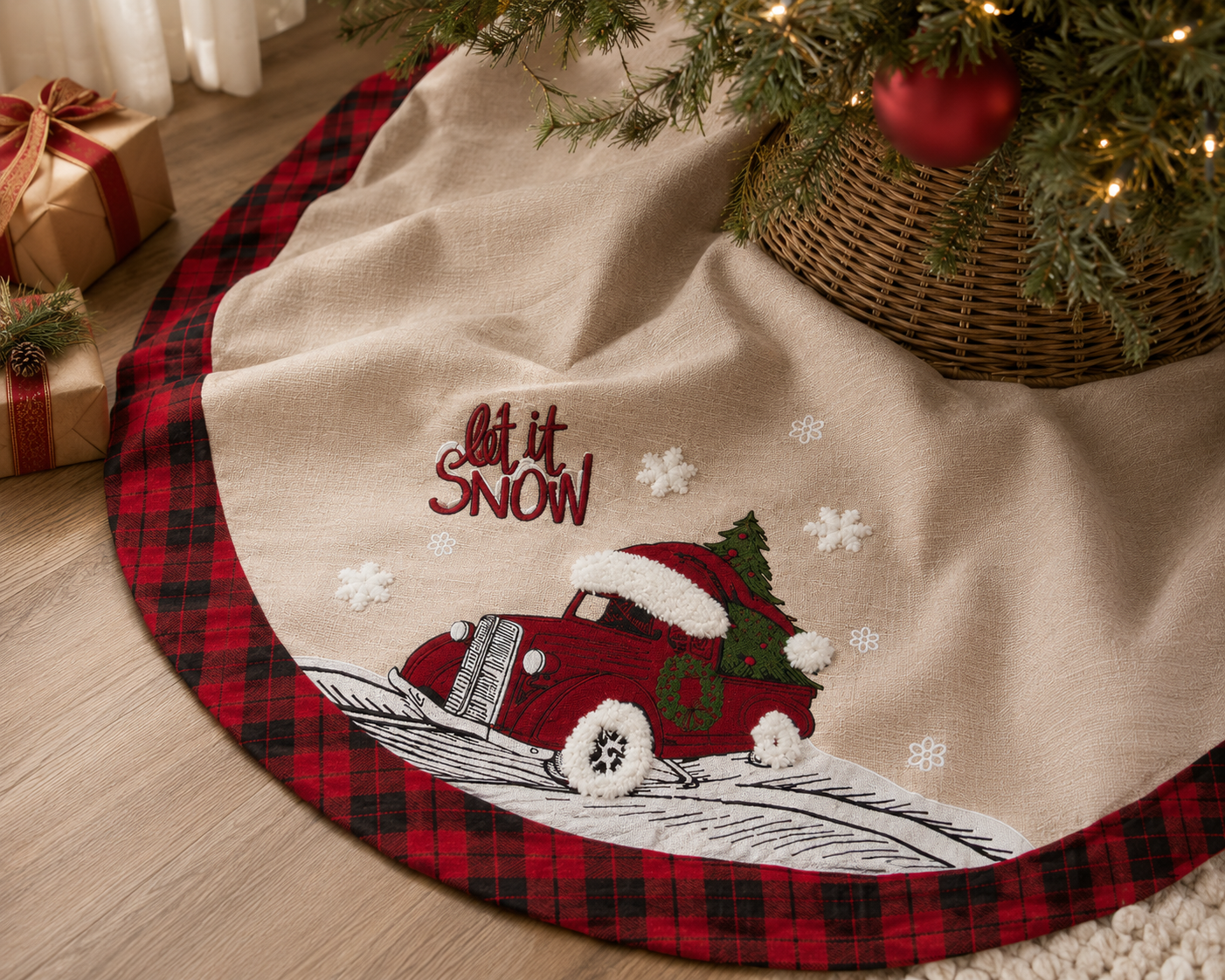 ML21005 Let It Snow Christmas Car Tree Skirt 48 Inch Polyester Embroidered Tufted