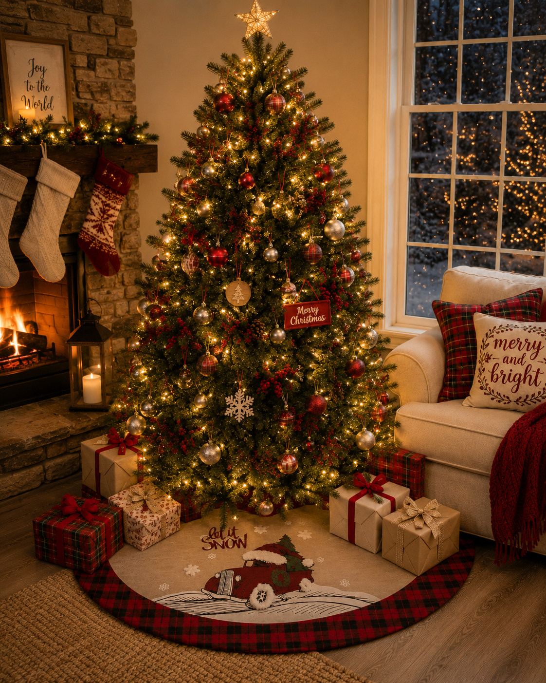 ML21005 Let It Snow Christmas Car Tree Skirt 48 Inch Polyester Embroidered Tufted