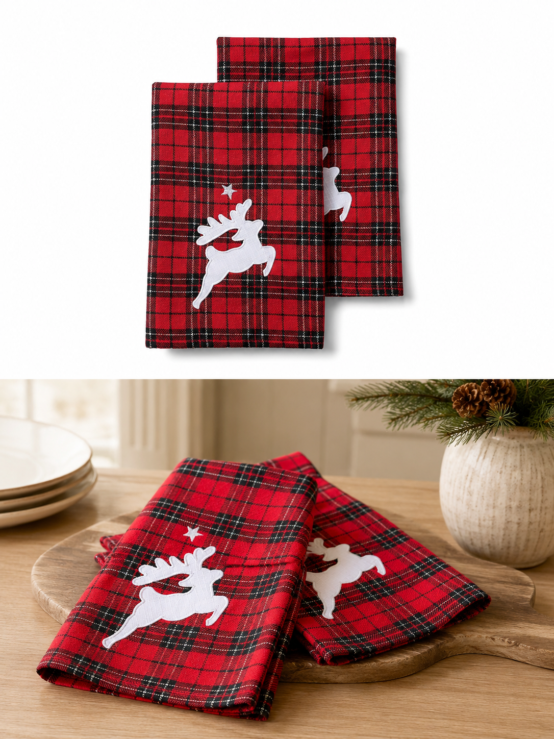 XD19881 Tartan Santa Sleigh Christmas Tea Towels Set of 2 14x22 Linen Blend