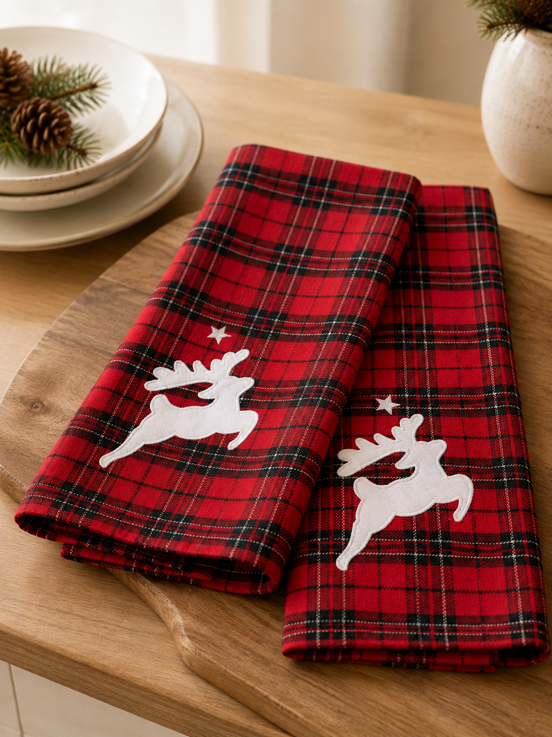 XD19881 Tartan Santa Sleigh Christmas Tea Towels Set of 2 14x22 Linen Blend