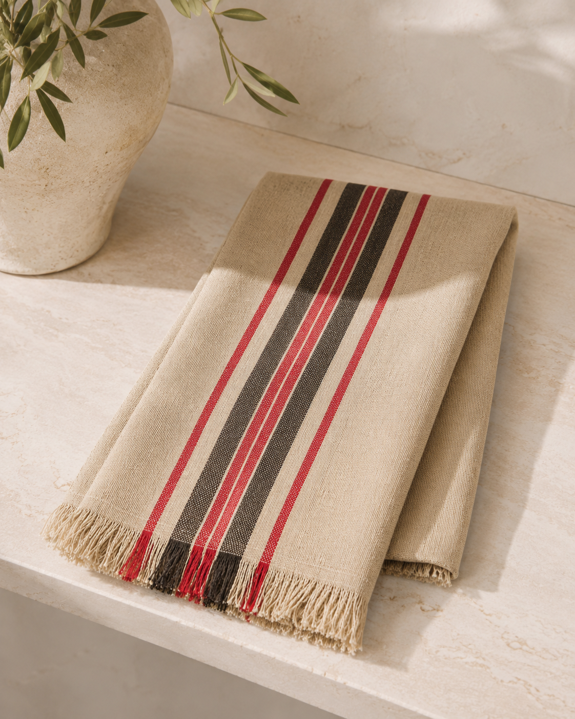 Xia Home Fashions Linen Stripe Tea Towels Yarn Dyed Fringe 14x22 Natural Set of 4