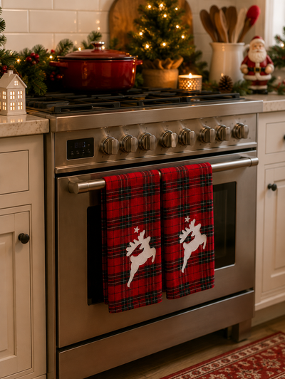 XD19881 Tartan Santa Sleigh Christmas Tea Towels Set of 2 14x22 Linen Blend