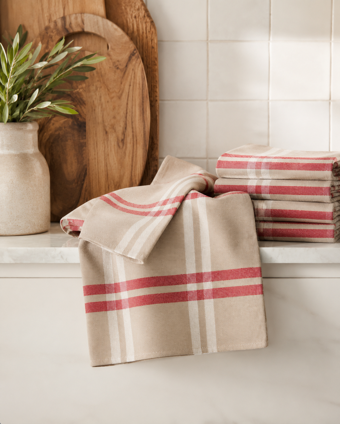 Xia Home Fashions Linen Check Tea Towels Yarn Dyed 14x22 Natural Set of 4