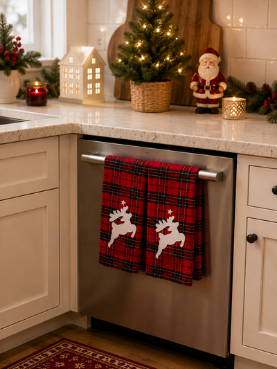 XD19881 Tartan Santa Sleigh Christmas Tea Towels Set of 2 14x22 Linen Blend