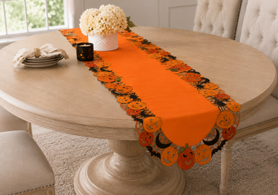 Happy Jack-O-Lanterns 16x34 Halloween Embroidered Table Runner with Cutwork Pumpkin Border