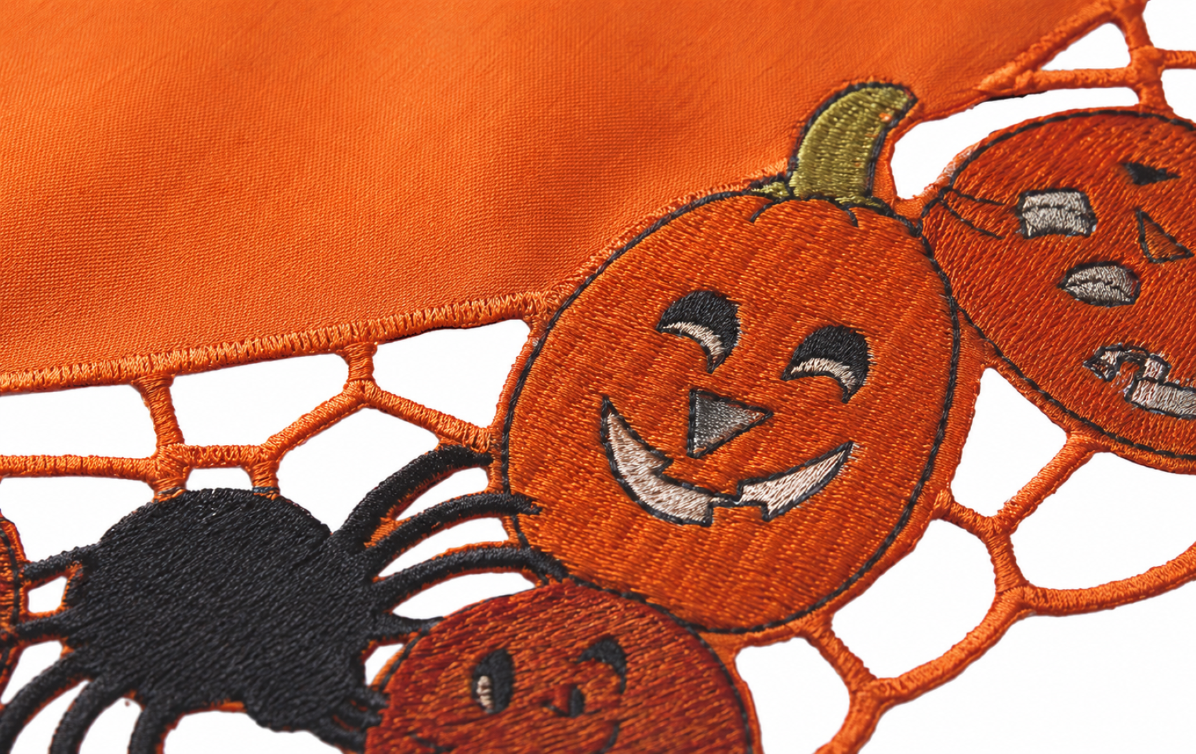 Happy Jack-O-Lanterns 16x34 Halloween Embroidered Table Runner with Cutwork Pumpkin Border