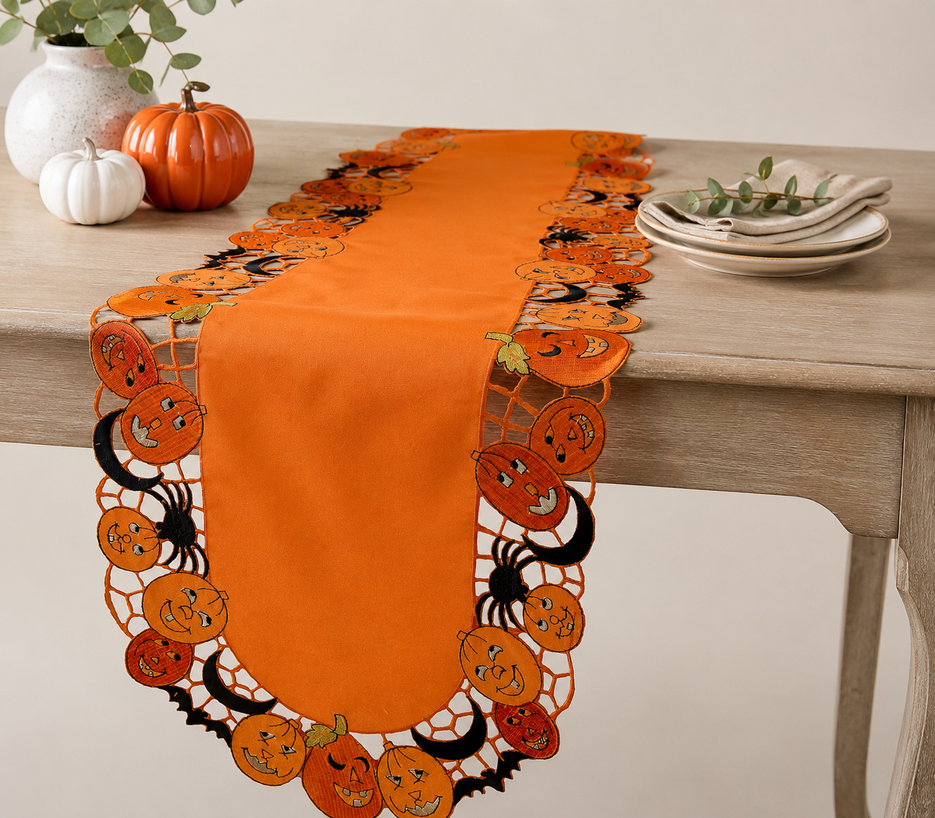 Happy Jack-O-Lanterns 16x34 Halloween Embroidered Table Runner with Cutwork Pumpkin Border