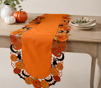 Happy Jack-O-Lanterns 16x34 Halloween Embroidered Table Runner with Cutwork Pumpkin Border