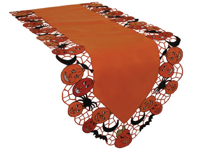 Happy Jack-O-Lanterns 16x34 Halloween Embroidered Table Runner with Cutwork Pumpkin Border