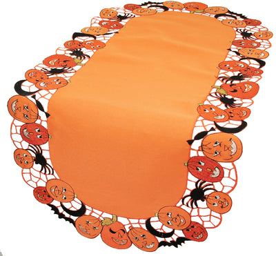 Happy Jack-O-Lanterns 16x34 Halloween Embroidered Table Runner with Cutwork Pumpkin Border