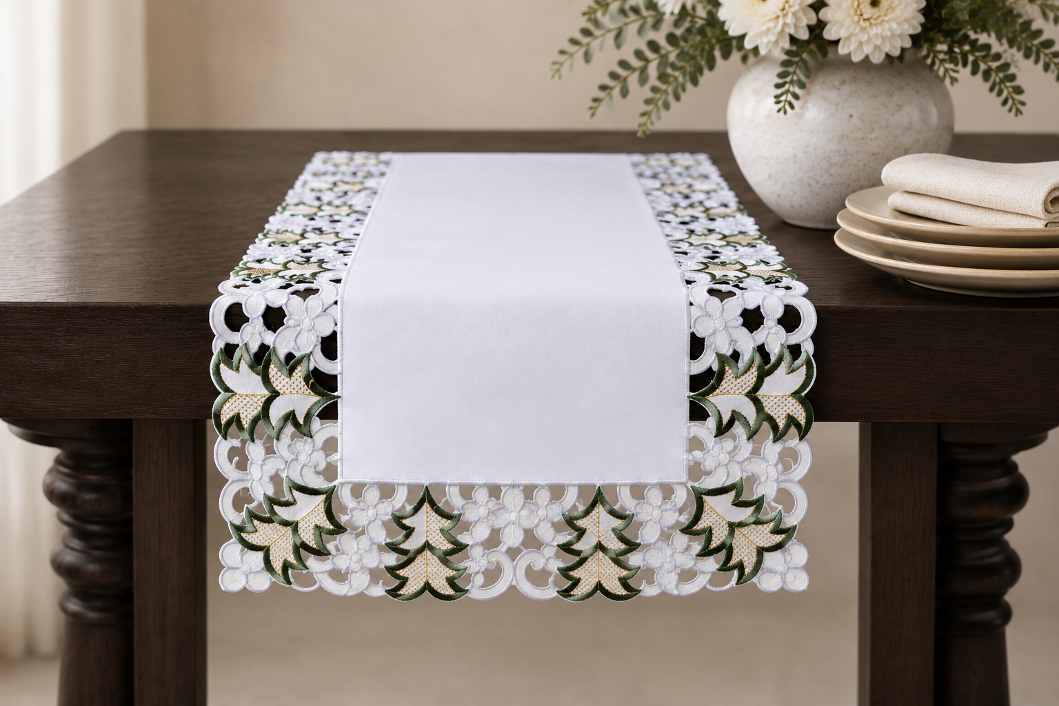 XD110708 Tannenbaum Mini Table Runner 12x28 White Poliviscose