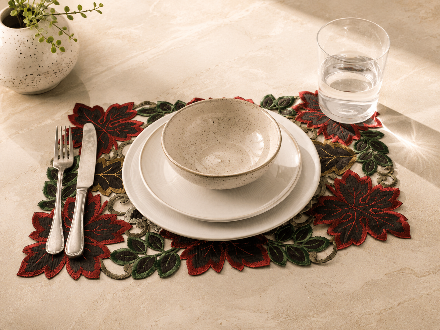 XD13019 Dainty Leaf Embroidered Cutwork Placemat Set of 4 12x18
