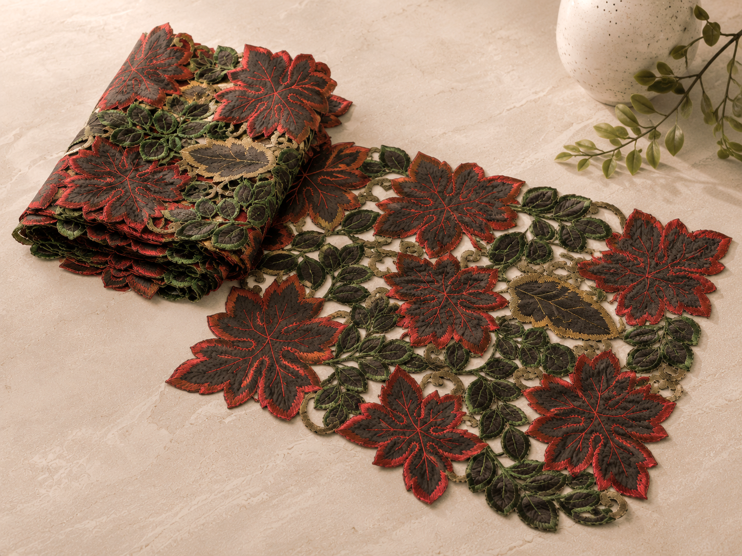 XD13019 Dainty Leaf Embroidered Cutwork Placemat Set of 4 12x18