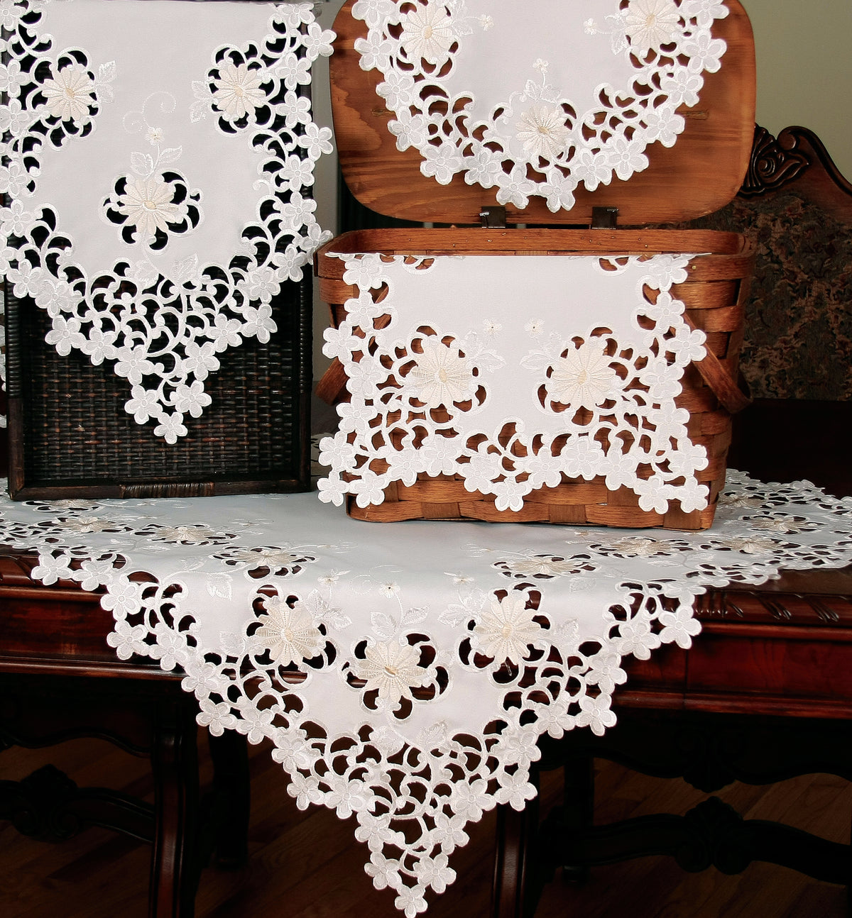 Daisy Divine Embroidered Cutwork Doilies - Set of 4