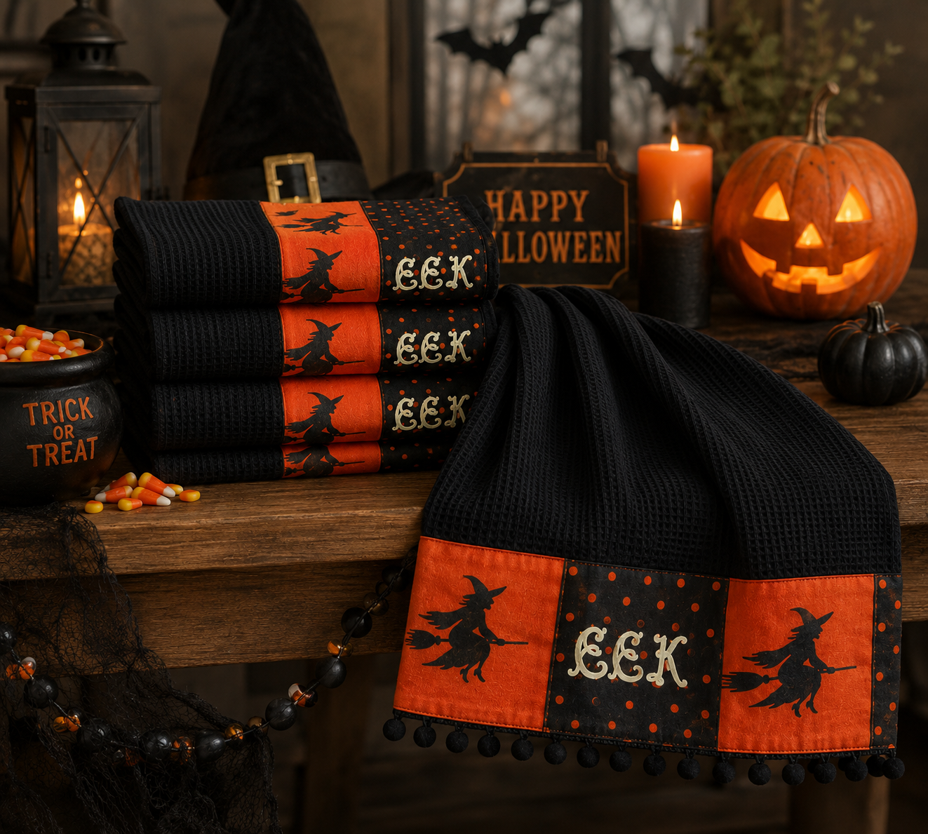 XD15834 Halloween Patchwork Kitchen Towels 16x22 Set of 4