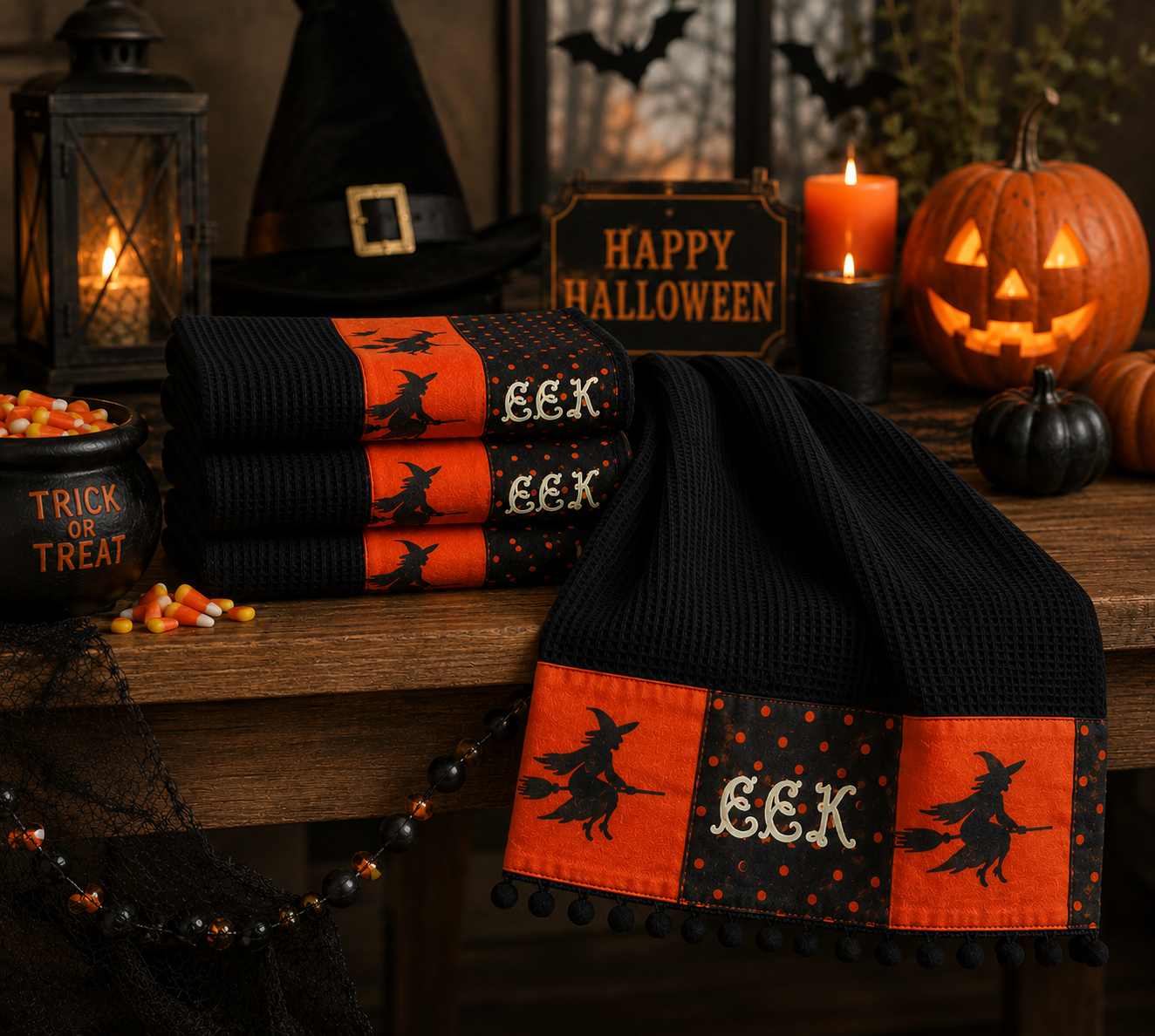XD15834 Halloween Patchwork Kitchen Towels 16x22 Set of 4