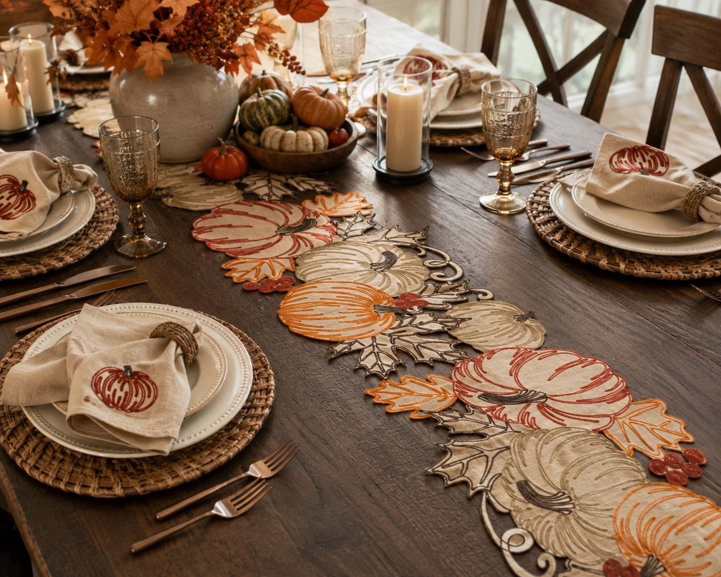 XD18804 Pumpkin Harvest Cutwork Embroidered Table Runner 16x36
