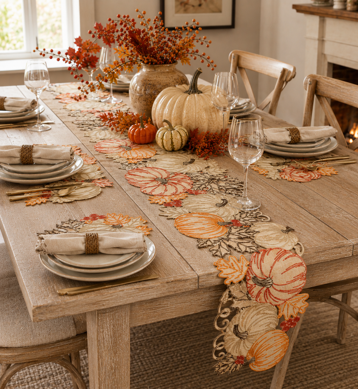 XD18804 Pumpkin Harvest Cutwork Embroidered Table Runner 16x36