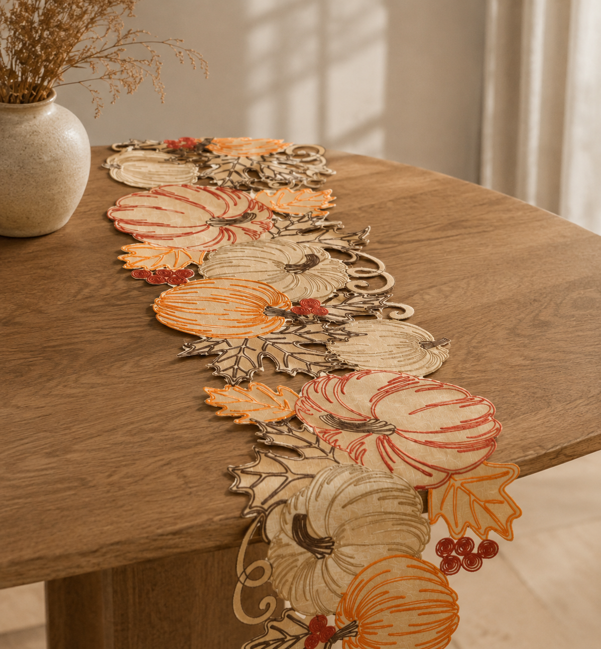 XD18804 Pumpkin Harvest Cutwork Embroidered Table Runner 16x36