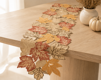 XD18805 Autumn Leaf Cutwork Embroidered Table Runner White 16x36