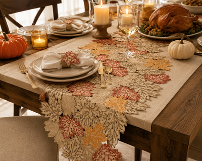 XD18805 Autumn Leaf Cutwork Embroidered Table Runner White 16x36