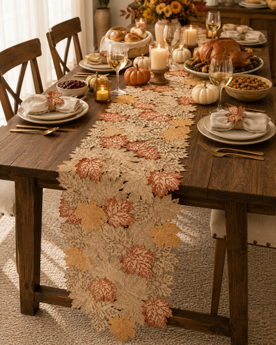 XD18805 Autumn Leaf Cutwork Embroidered Table Runner White 16x36