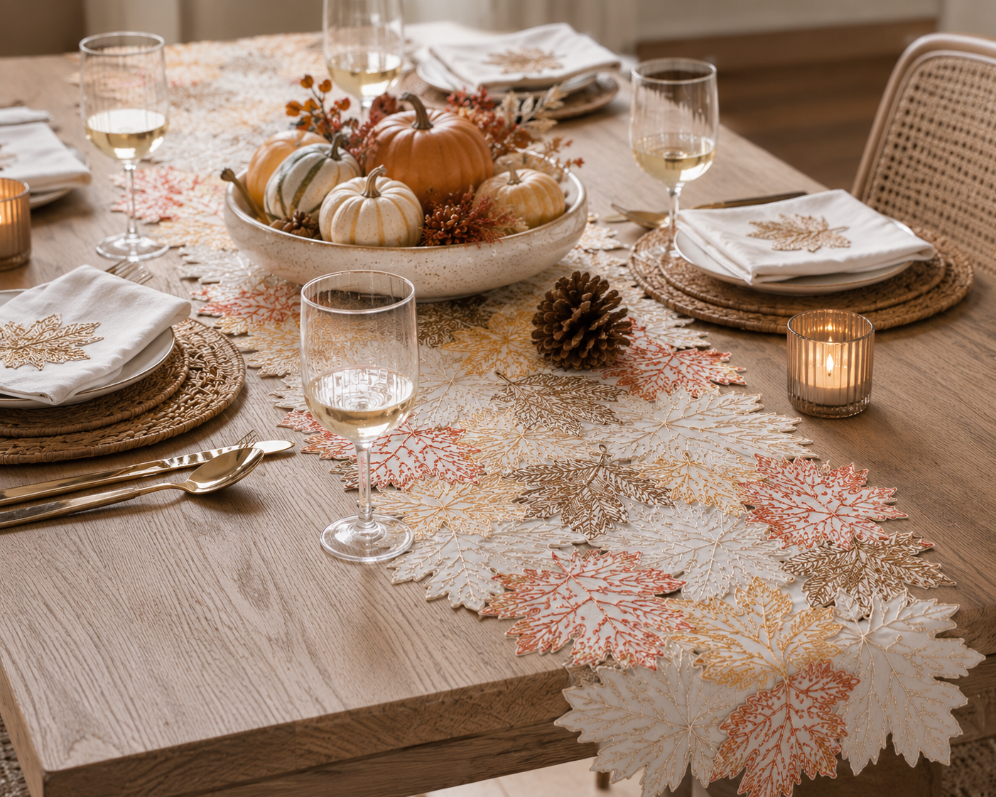XD18805 Autumn Leaf Cutwork Embroidered Table Runner White 16x36