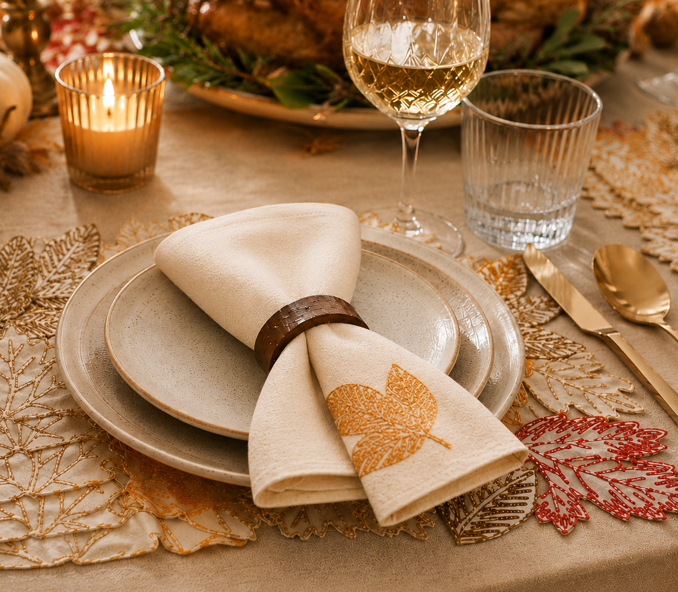 XD18805 Autumn Leaf Cutwork Embroidered Napkin Set of 4 White 20x20