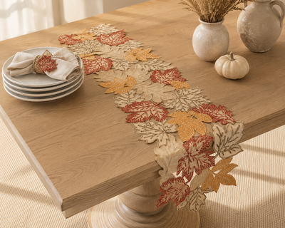 XD18805 Autumn Leaf Cutwork Embroidered Table Runner White 16x36