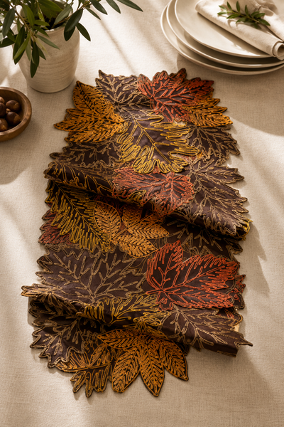 XD18805 Autumn Leaf Cutwork Embroidered Table Runner White 16x36