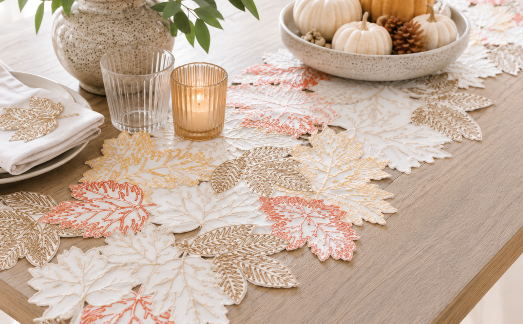 XD18805 Autumn Leaf Cutwork Embroidered Table Runner White 16x36