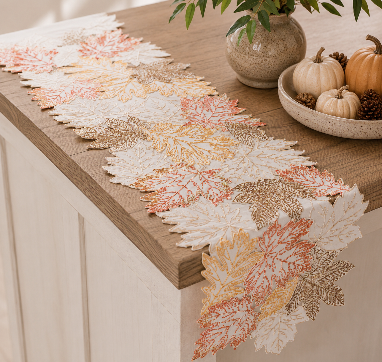 XD18805 Autumn Leaf Cutwork Embroidered Table Runner White 16x36