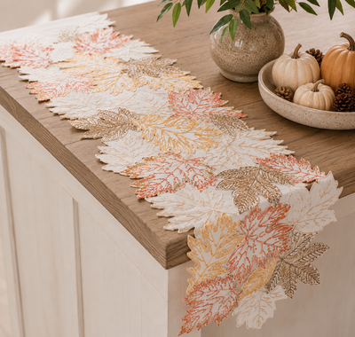 XD18805 Autumn Leaf Cutwork Embroidered Table Runner White 16x36