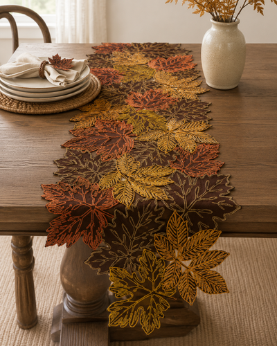XD18805 Autumn Leaf Cutwork Embroidered Table Runner White 16x36
