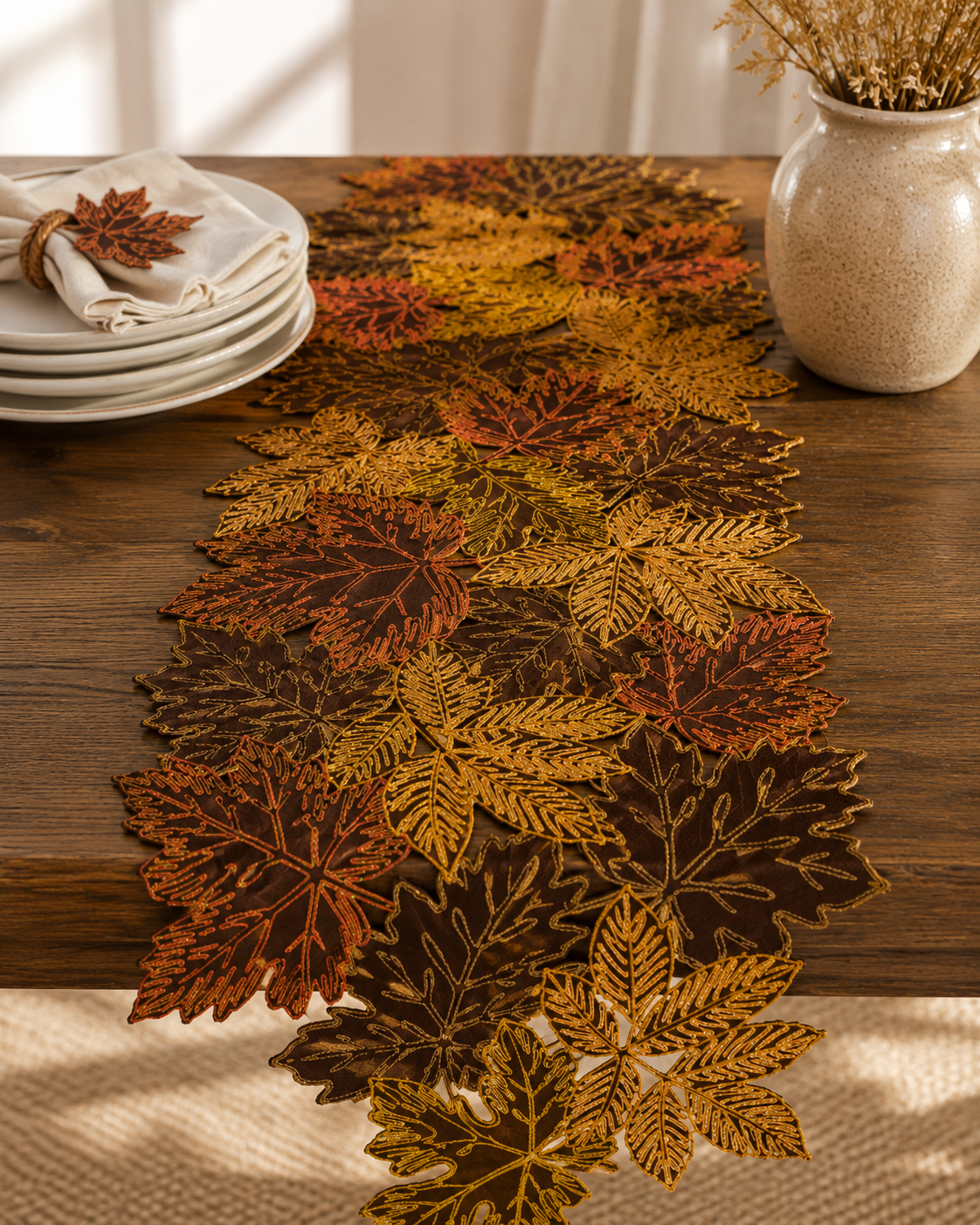 XD18805 Autumn Leaf Cutwork Embroidered Table Runner White 16x36
