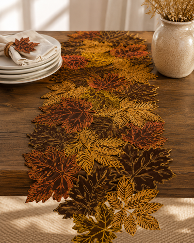 XD18805 Autumn Leaf Cutwork Embroidered Table Runner White 16x36