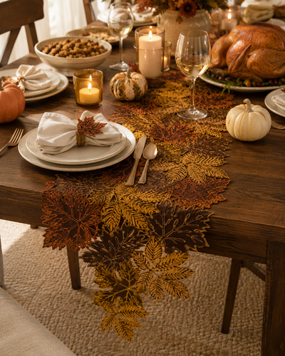 XD18805 Autumn Leaf Cutwork Embroidered Table Runner White 16x36