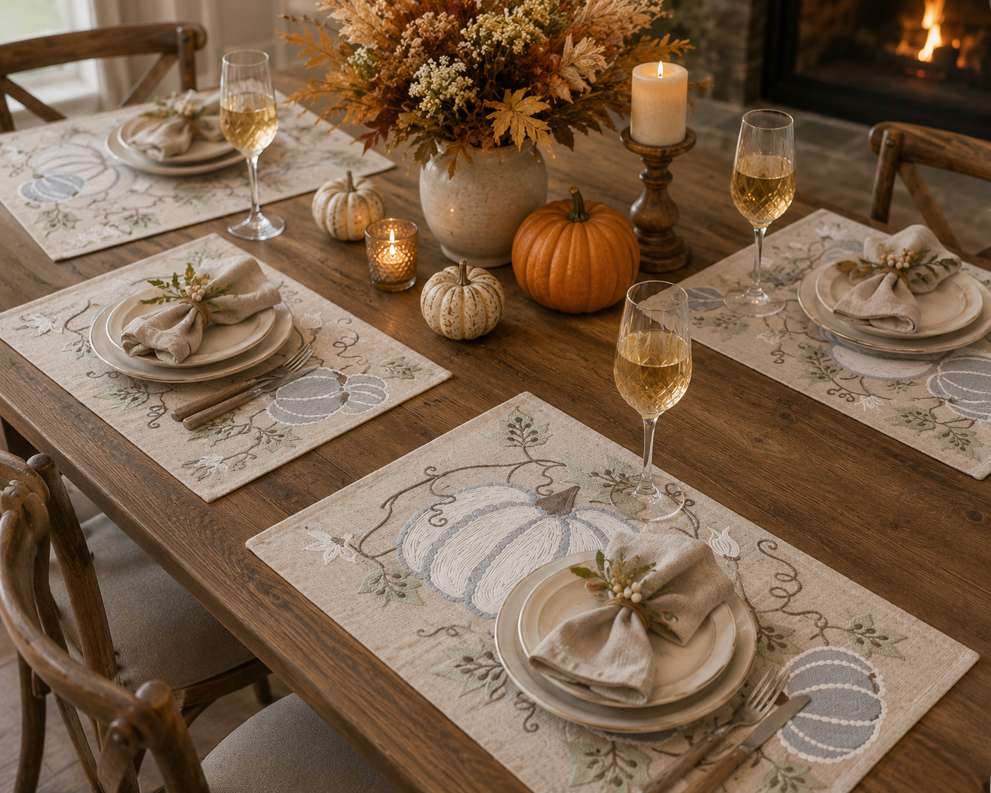 XD19806 Harvest Pumpkins and Vines Crewel Embroidered Placemat Set of 4 14x20 Double Layer Linen Blend