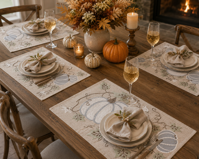 XD19806 Harvest Pumpkins and Vines Crewel Embroidered Placemat Set of 4 14x20 Double Layer Linen Blend
